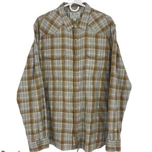 Lucky Brand snap Long Sleeve Western Tan & Grey Plaid Shirt SZ L